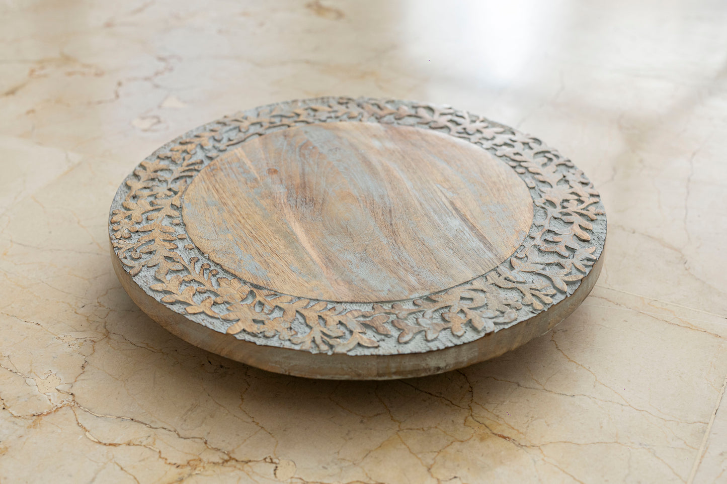 White Wash Lazy Susan Platter with Hand-Carved Border