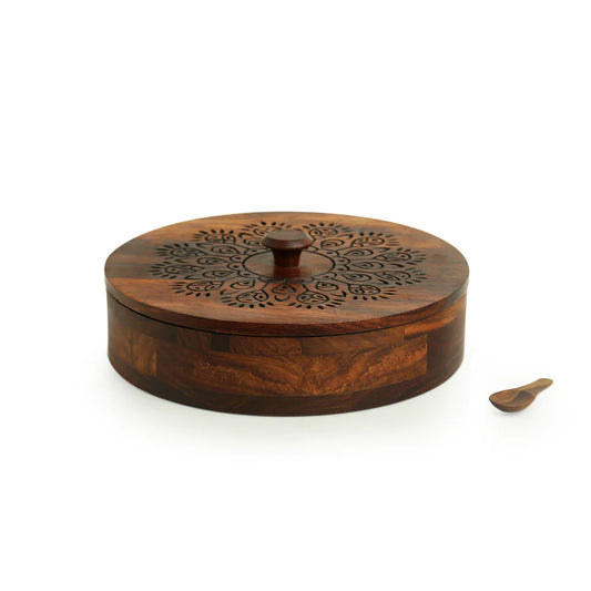 ''Dancing Peacock' Hand Carved Spice Box With Spoon in Sheesham Wood