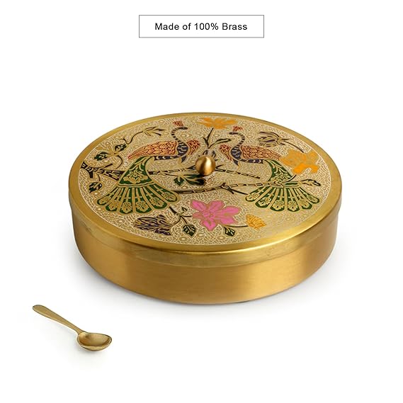 Peacock Hand-Etched' Brass Masala Box