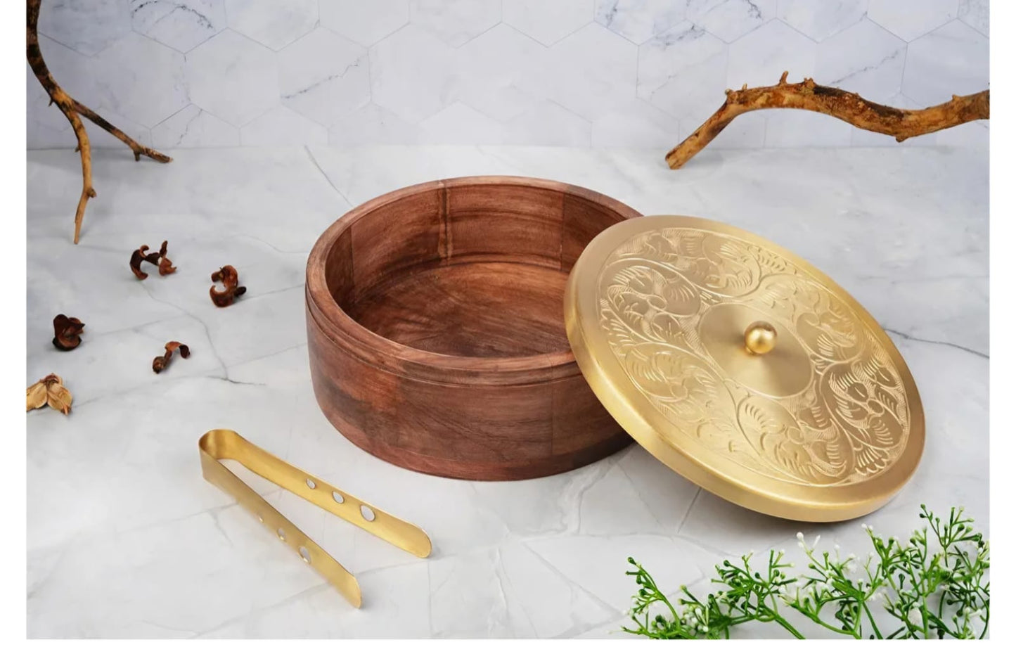 Gold Plated Brass Lid With Wooden Base Roti Box
