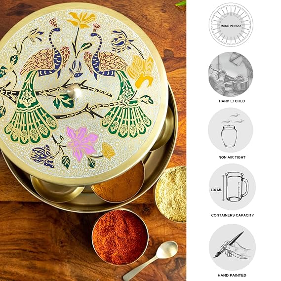 Peacock Hand-Etched' Brass Masala Box