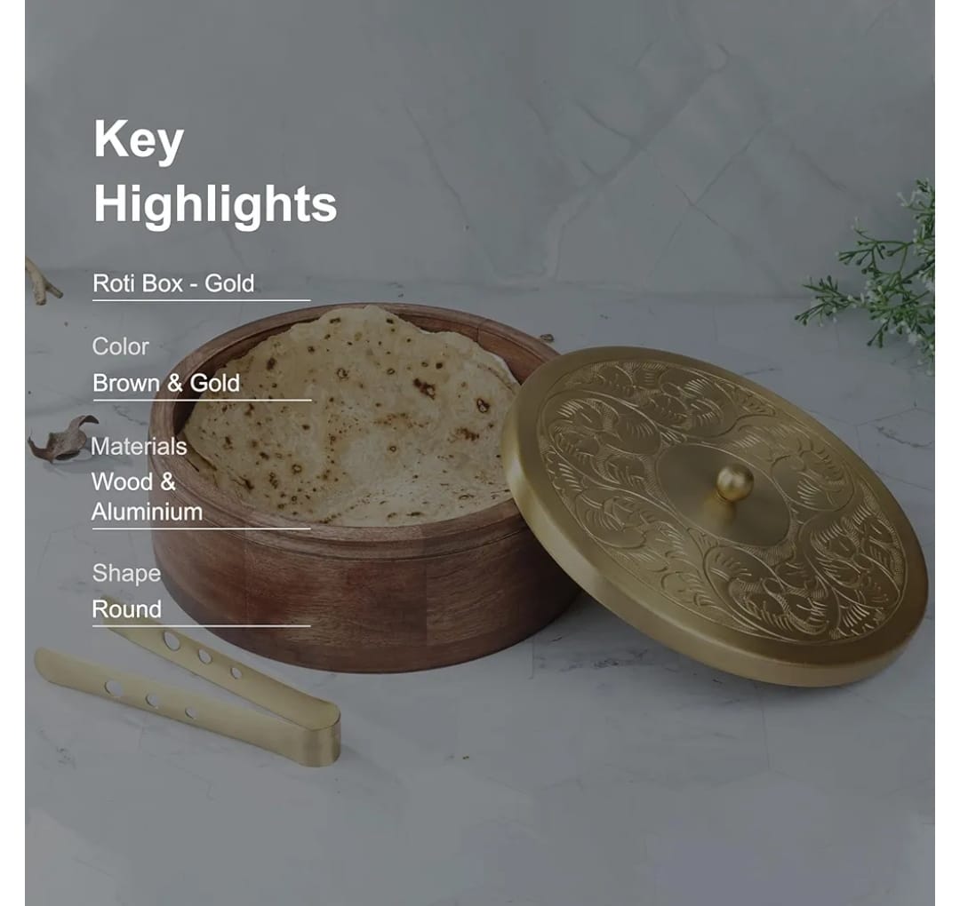 Gold Plated Brass Lid With Wooden Base Roti Box