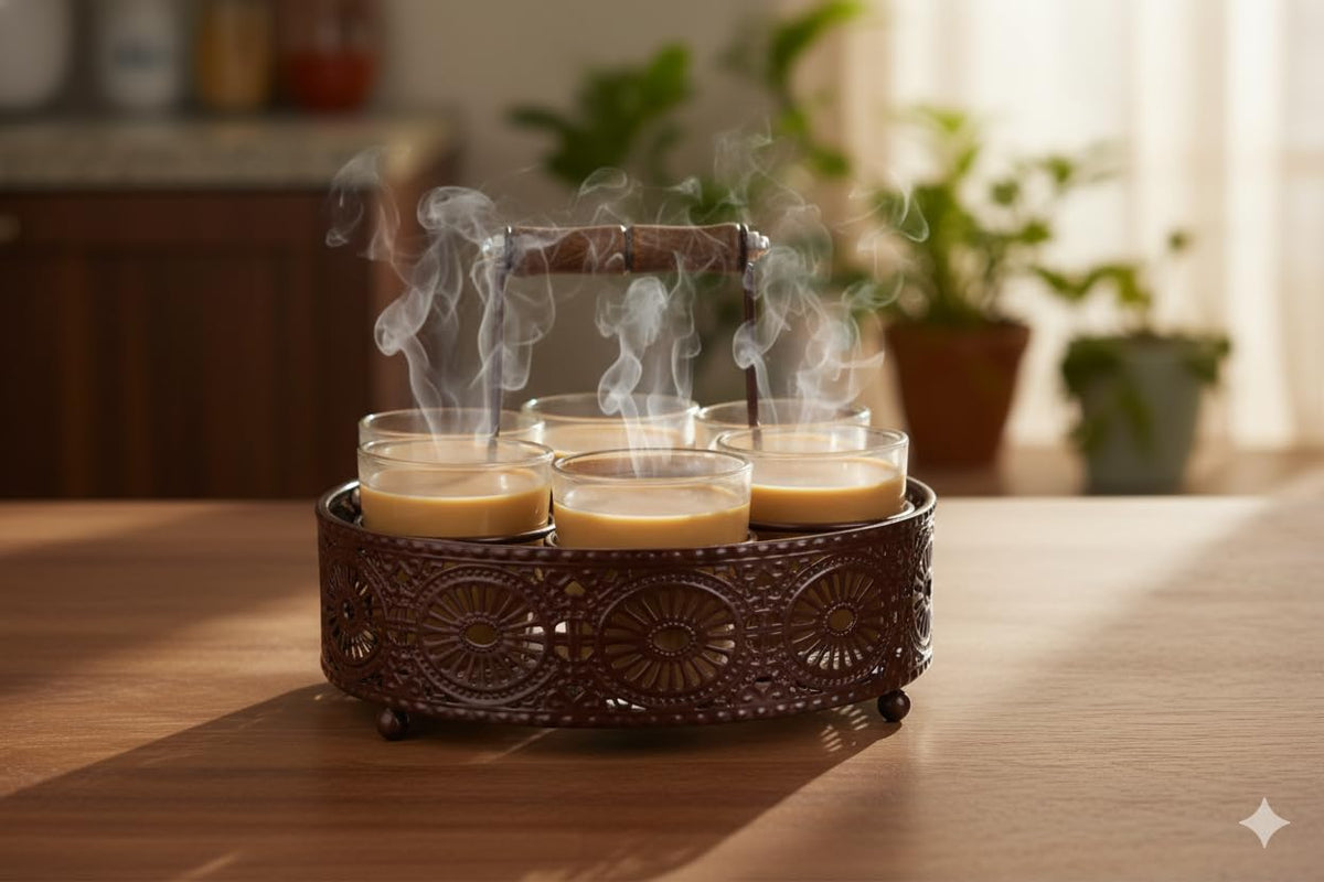 Chai Glass Set of 6 with black Metal Stand