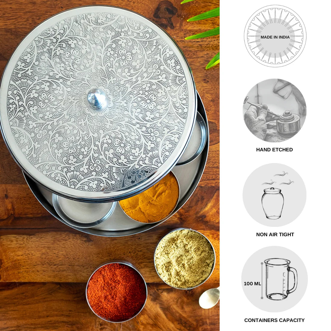Floral Hand-Etched Spice Box With Spoon In Stainless Steel (7 Containers, 100 ml)