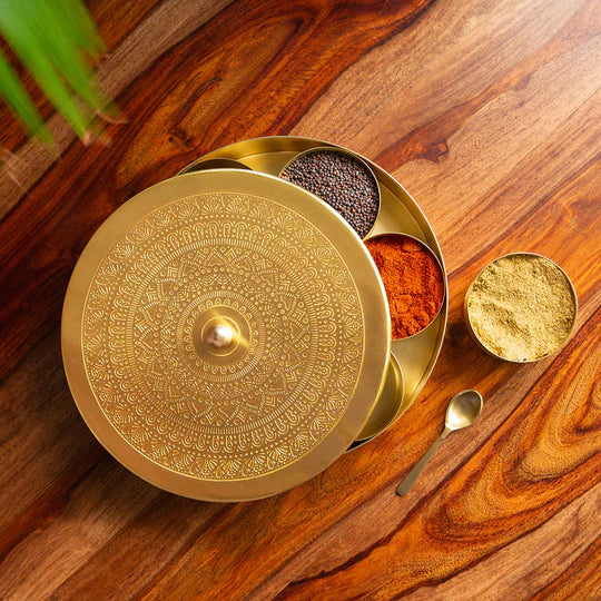 Handcrafted Spice Box In Brass With Spoon (7 Containers, 100 ML)