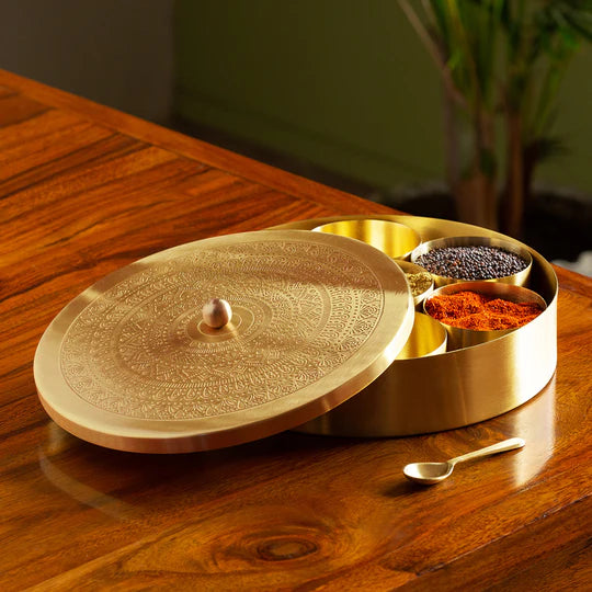 Handcrafted Spice Box In Brass With Spoon (7 Containers, 100 ML)