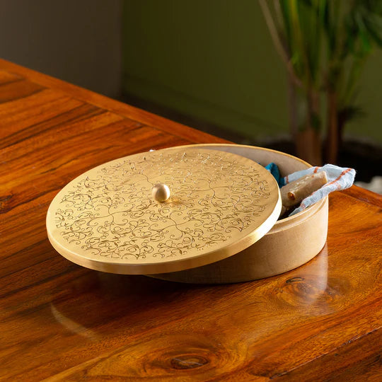 Handcrafted Chapati Box In Brass & Mango Wood