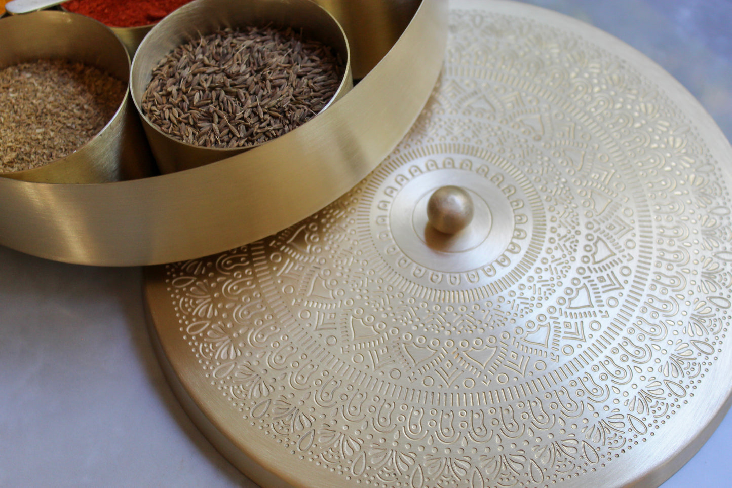 Handcrafted Spice Box In Brass With Spoon (7 Containers, 100 ML)