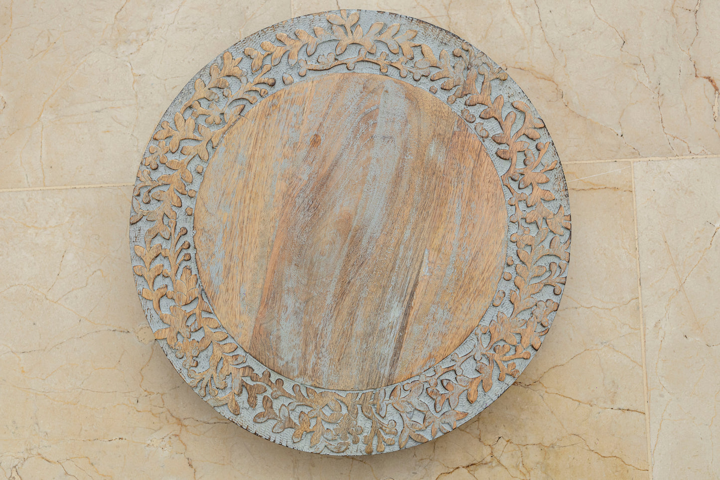White Wash Lazy Susan Platter with Hand-Carved Border