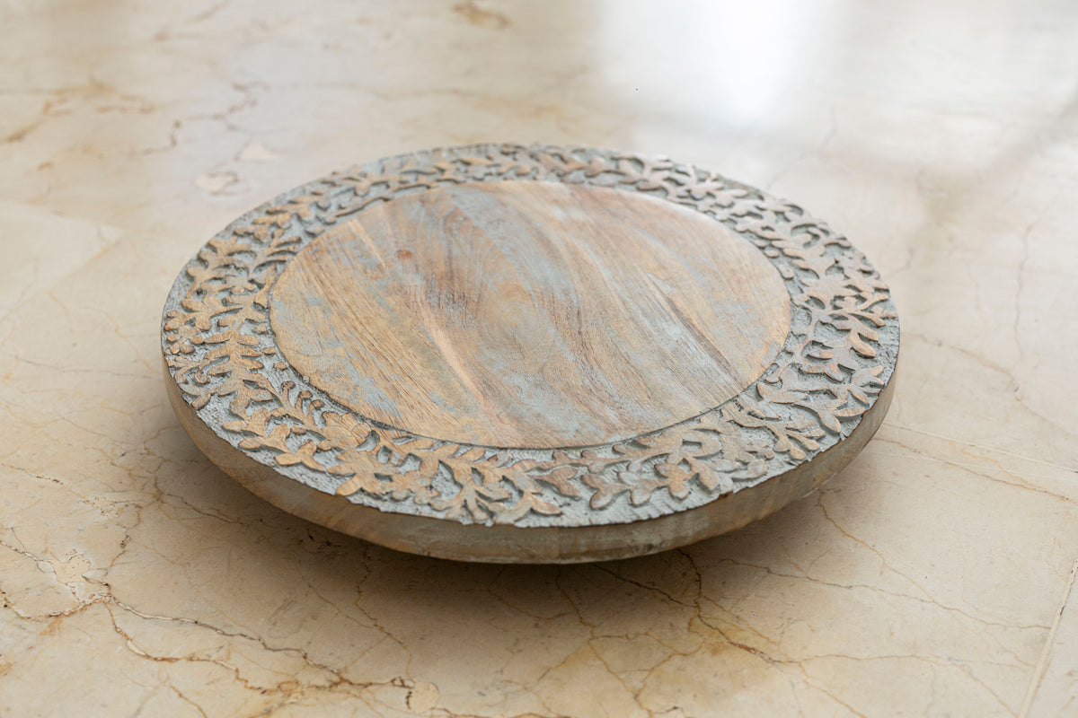 White Wash Lazy Susan Platter with Hand-Carved Border