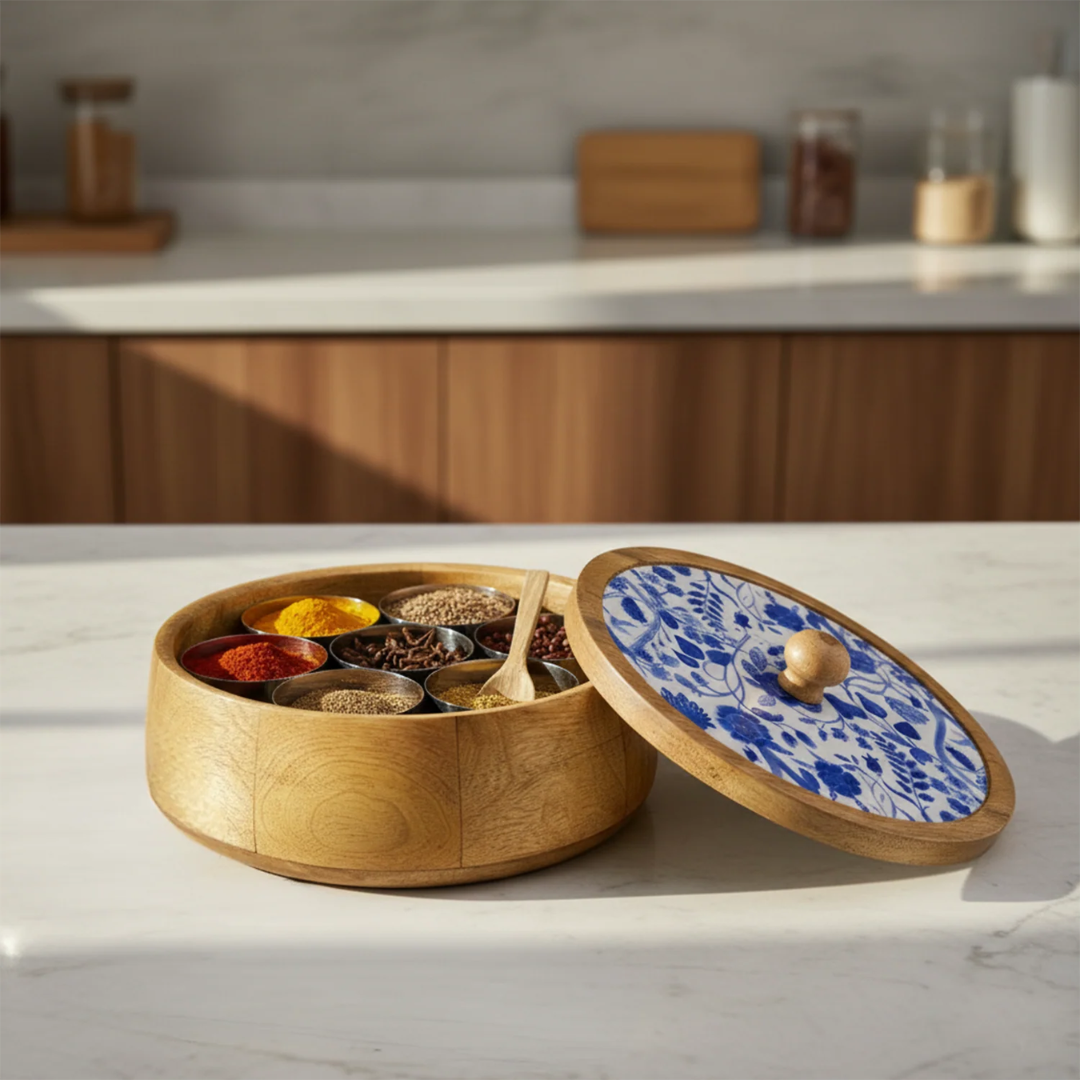 Indigo Baagh 7-Container Wooden Masala Box with Spoon