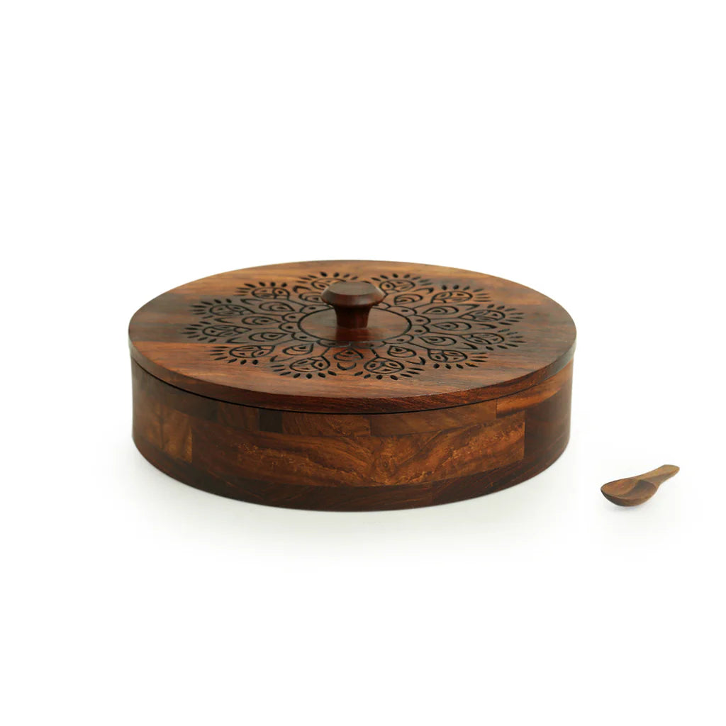 ''Dancing Peacock' Hand Carved Spice Box With Spoon in Sheesham Wood