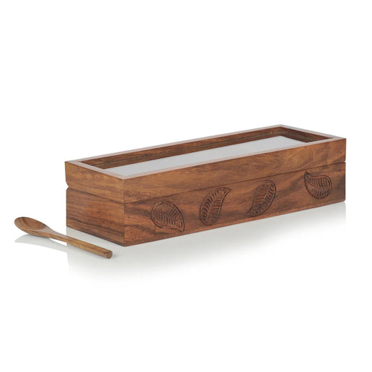 Wooden Hand Engraved Multi-Utility Spice Box With Spoon In Sheesham Wood