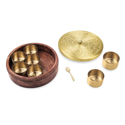 Hand-Etched Wooden Masala Box with Gold Lid