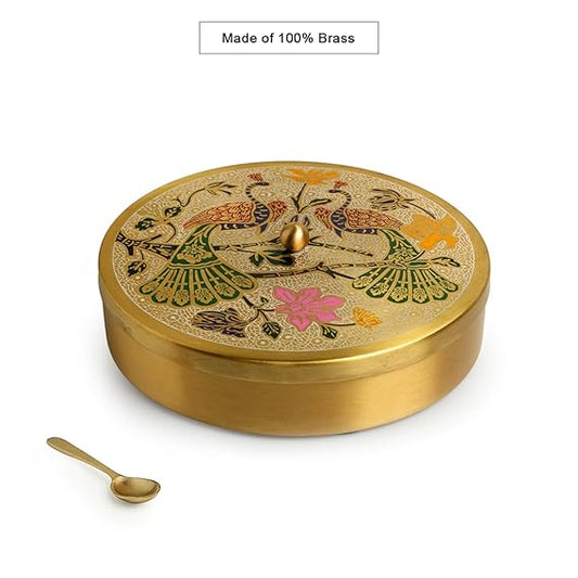 Peacock Hand-Etched' Brass Masala Box