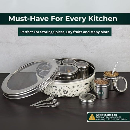 Maru Printed Stainless Steel Masala Box(white,black and silver)