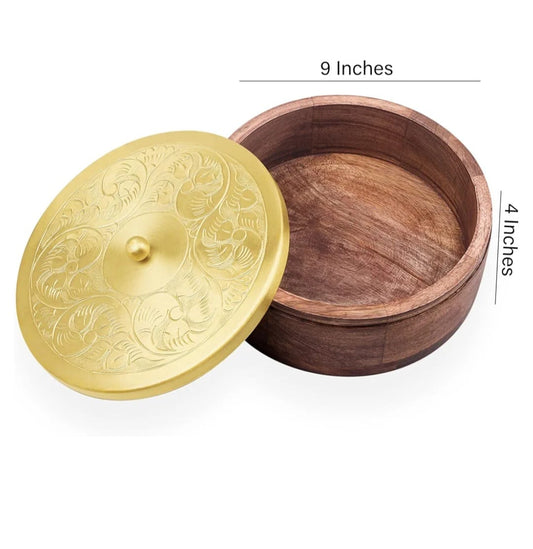 Gold Plated Brass Lid With Wooden Base Roti Box