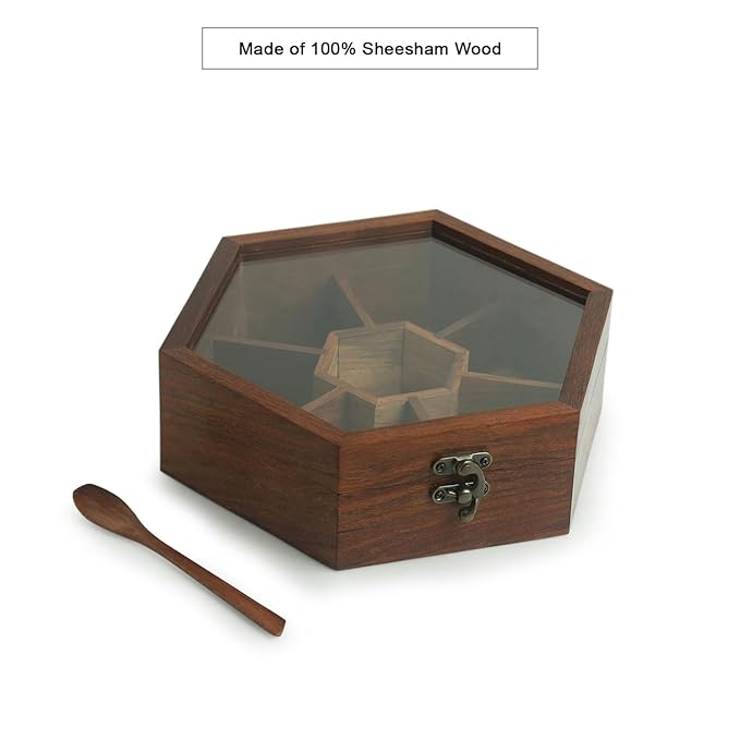 Hexagonal Wooden Spice Box with Spoon