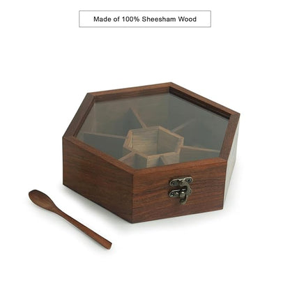 Hexagonal Wooden Spice Box with Spoon