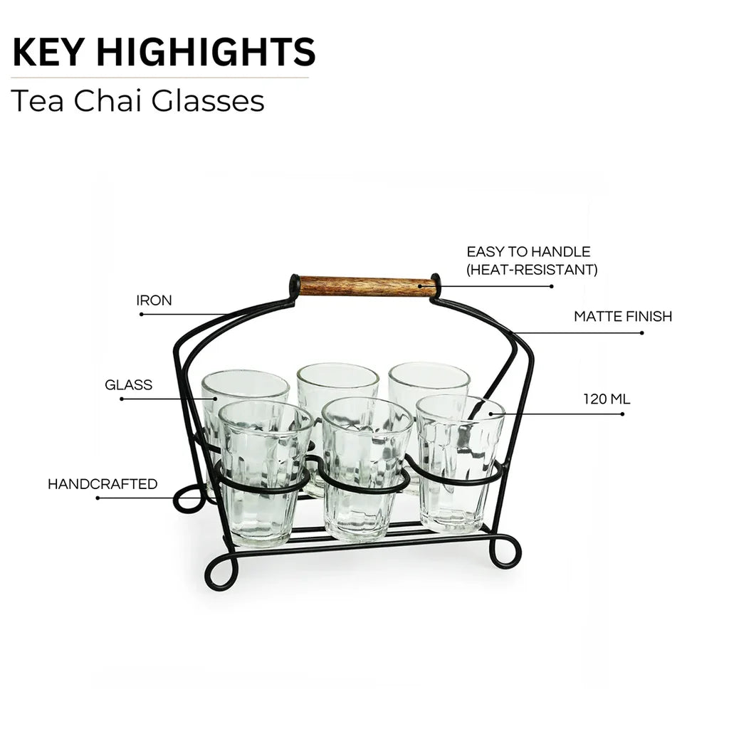 Chai Glasses With Iron Holder (Tapered)