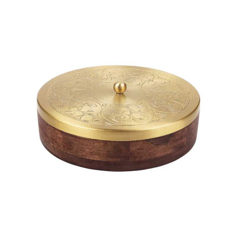 Hand-Etched Wooden Masala Box with Gold Lid