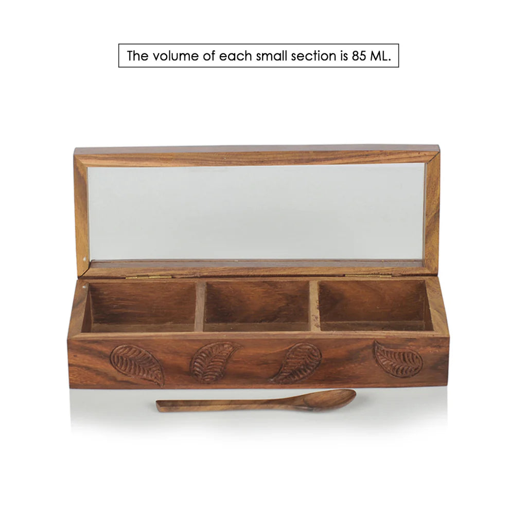 Wooden Hand Engraved Multi-Utility Spice Box With Spoon In Sheesham Wood