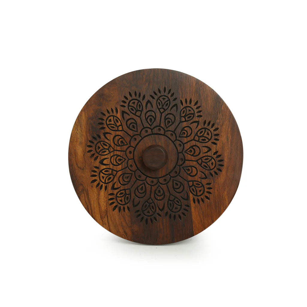 ''Dancing Peacock' Hand Carved Spice Box With Spoon in Sheesham Wood