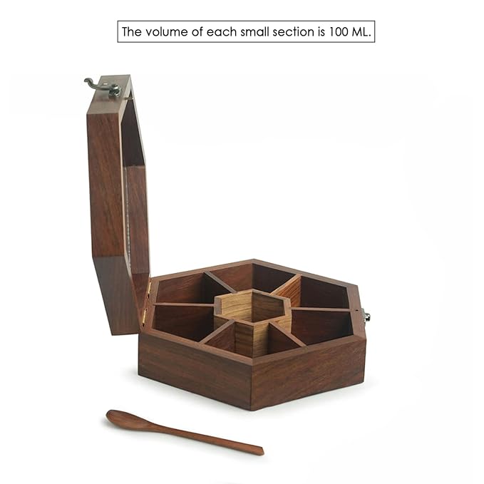 Hexagonal Wooden Spice Box with Spoon