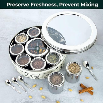 Maru Printed Stainless Steel Masala Box(white,black and silver)