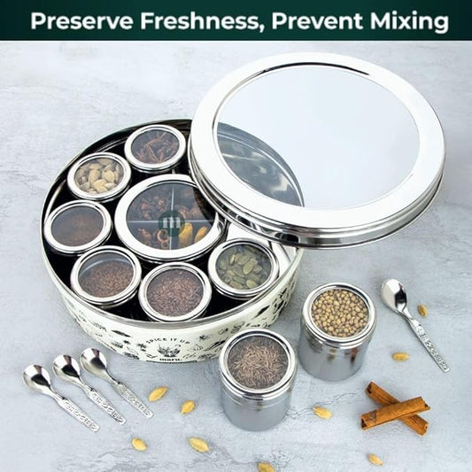 Maru Printed Stainless Steel Masala Box(white,black and silver)