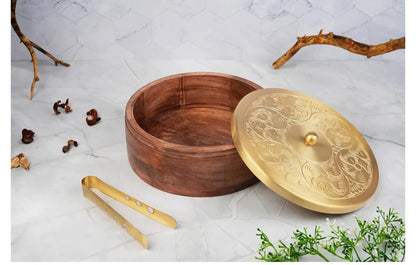 Gold Plated Brass Lid With Wooden Base Roti Box