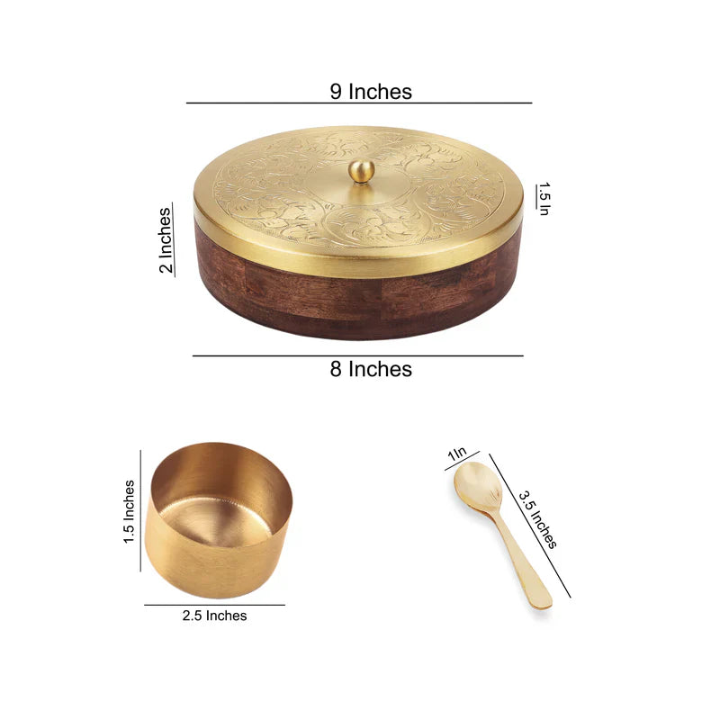 Hand-Etched Wooden Masala Box with Gold Lid