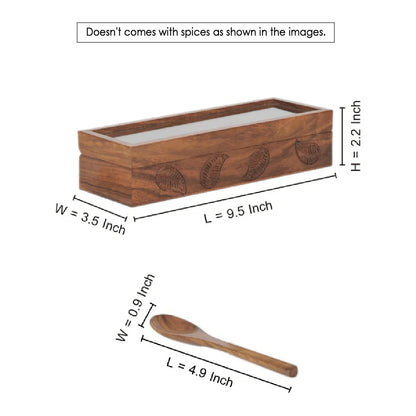 Wooden Hand Engraved Multi-Utility Spice Box With Spoon In Sheesham Wood