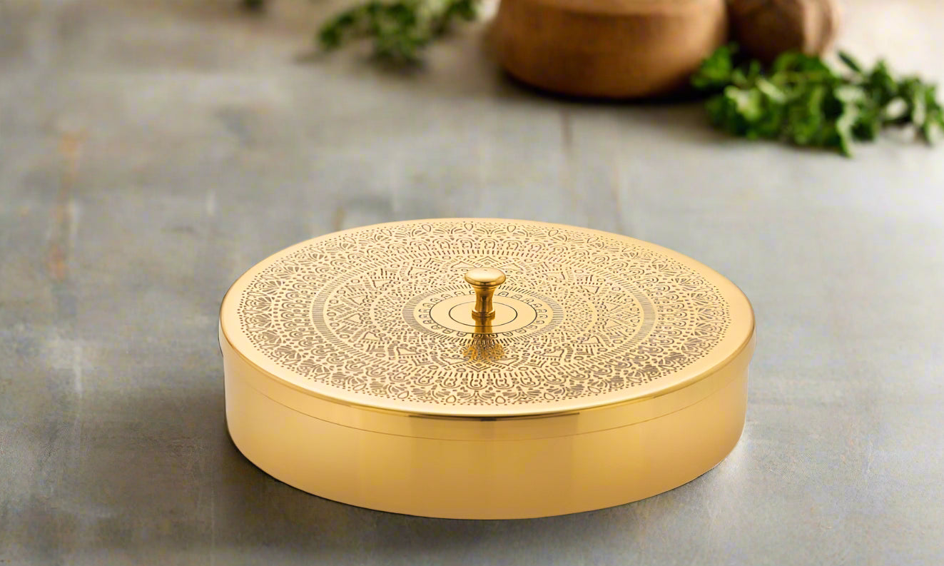 DDG Floral-Etched Handcrafted Brass Spice Box With Spoon