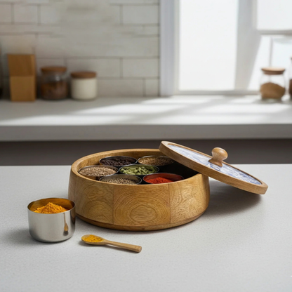 Indigo Baagh 7-Container Wooden Masala Box with Spoon