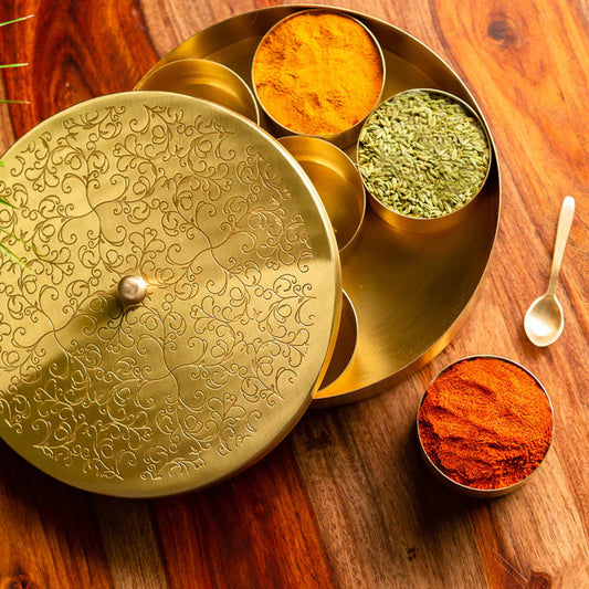 Floral Hand Etched Spice Box In Brass With Spoon