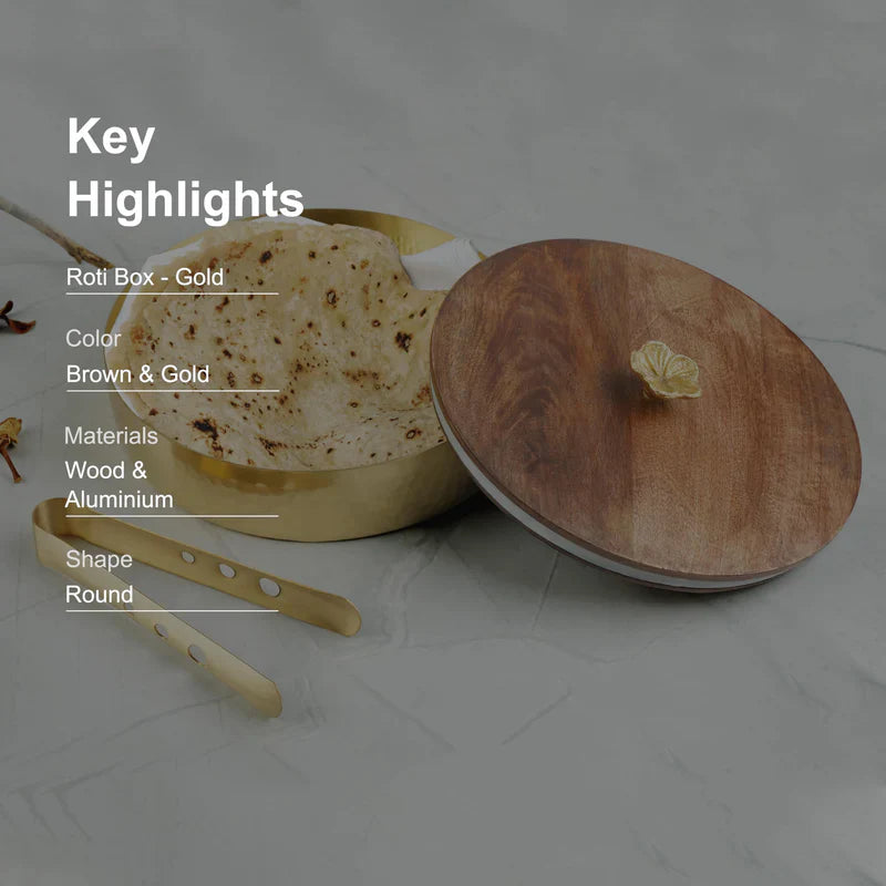 Hammered Gold Plated Metal With Wooden Lid Roti Box