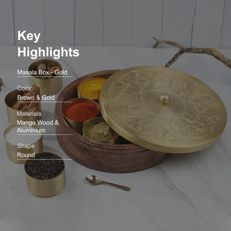 Hand-Etched Wooden Masala Box with Gold Lid