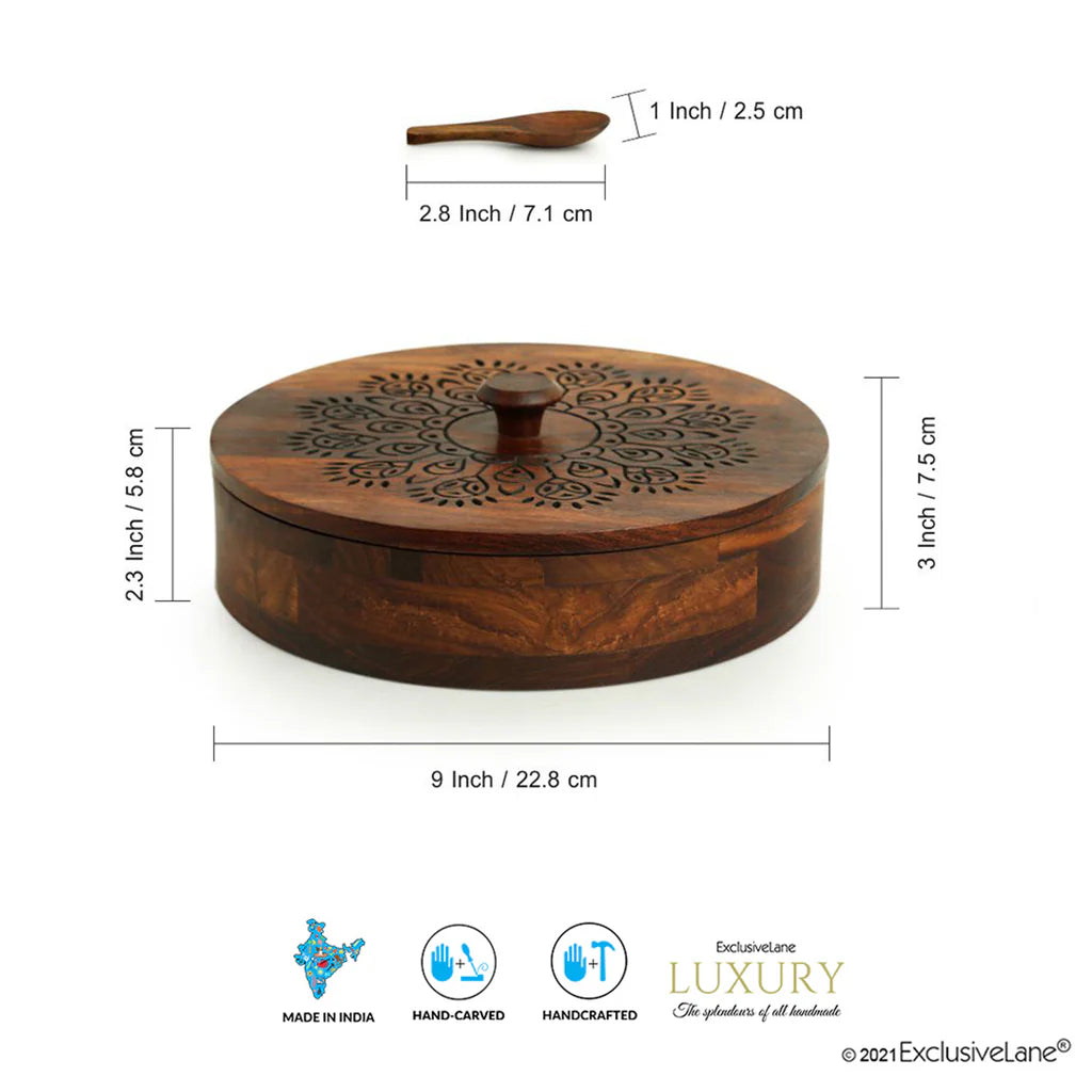 ''Dancing Peacock' Hand Carved Spice Box With Spoon in Sheesham Wood