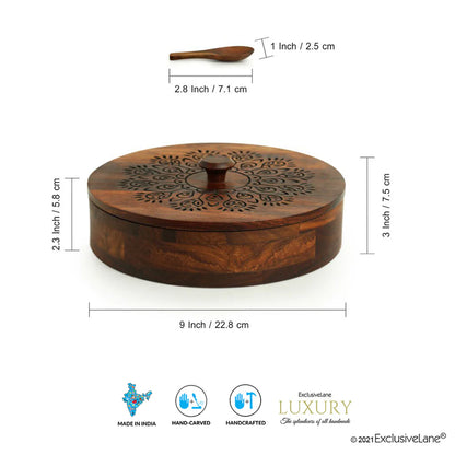 ''Dancing Peacock' Hand Carved Spice Box With Spoon in Sheesham Wood