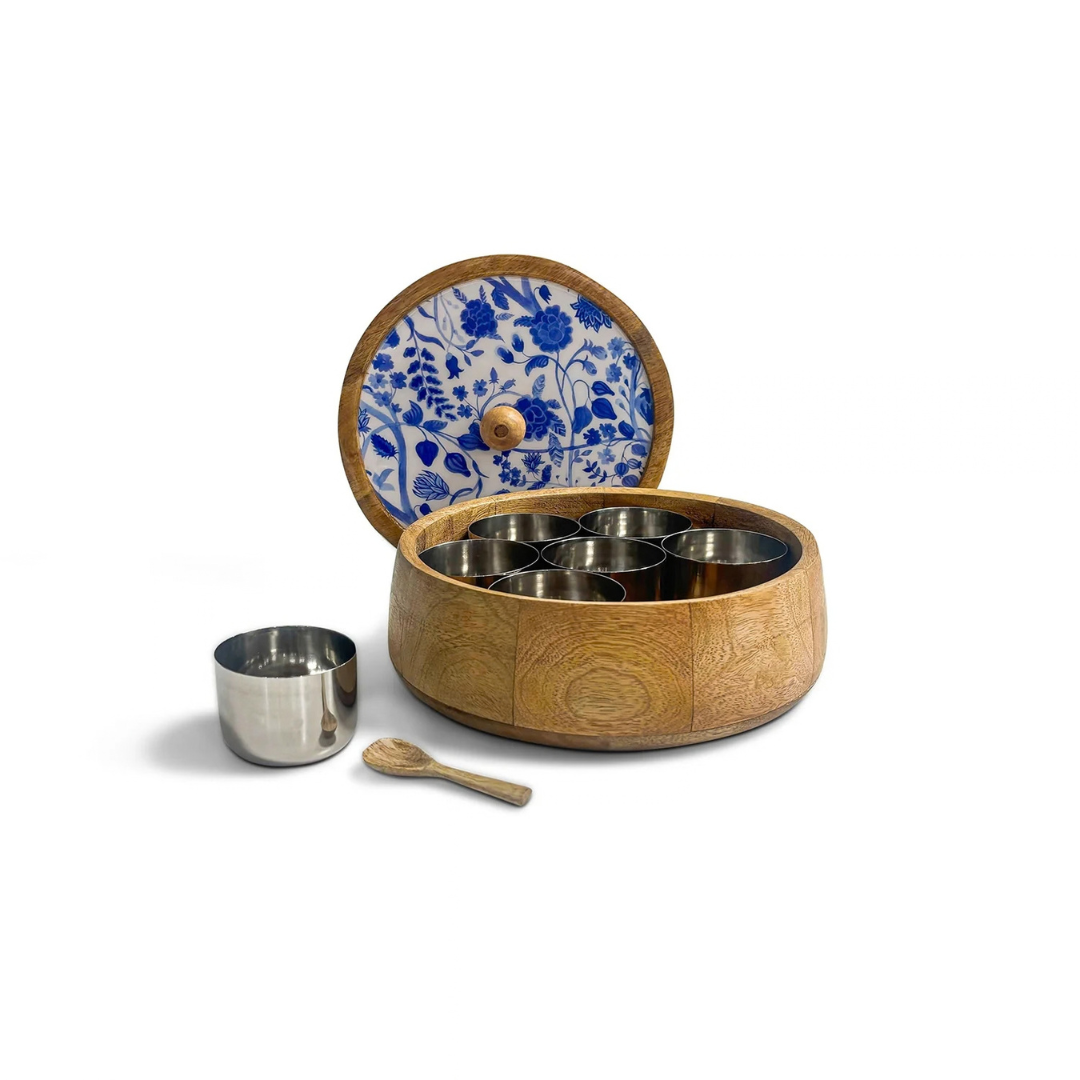 Indigo Baagh 7-Container Wooden Masala Box with Spoon