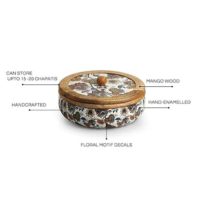 Floral Chronicles Wooden Chapati Box in Mango Wood