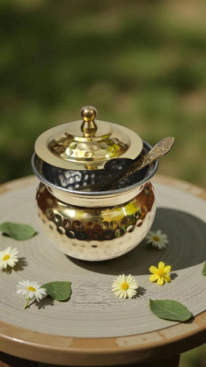Pure Brass Ghee Pot with Spoon Sml