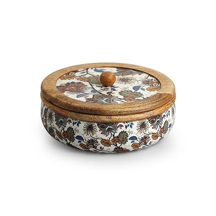 Floral Chronicles Wooden Chapati Box in Mango Wood