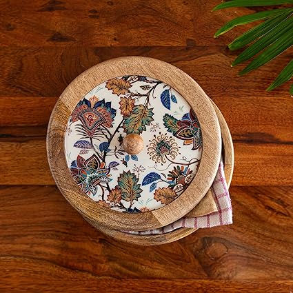Floral Chronicles Wooden Chapati Box in Mango Wood