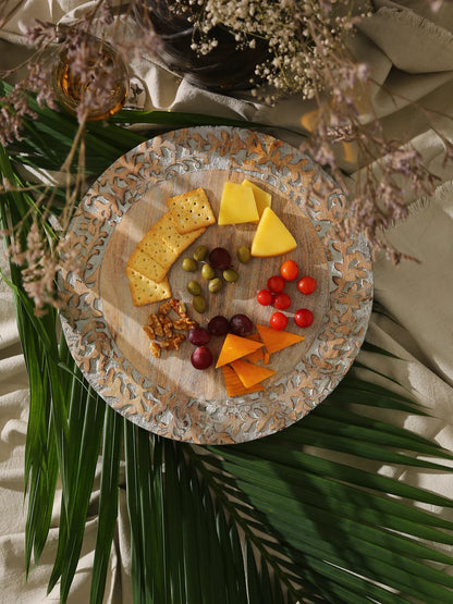 White Wash Lazy Susan Platter with Hand-Carved Border