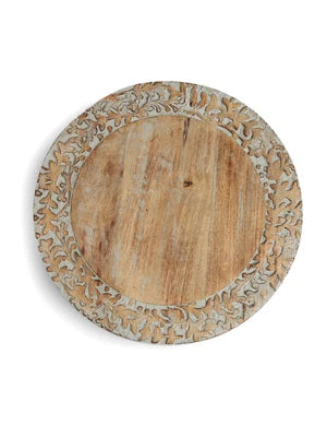 White Wash Lazy Susan Platter with Hand-Carved Border
