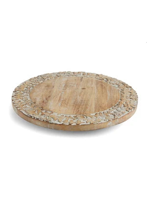 White Wash Lazy Susan Platter with Hand-Carved Border
