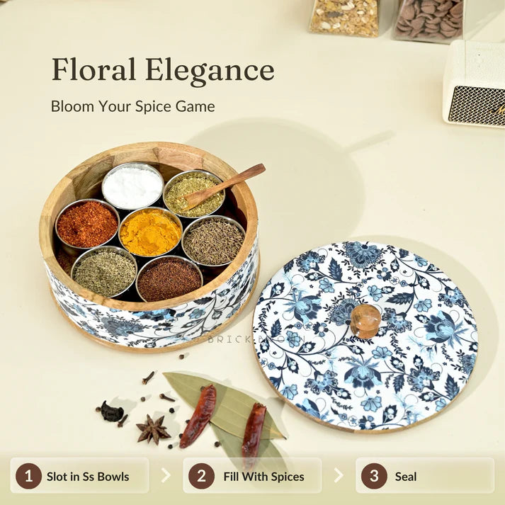 BB Handcrafted Wooden Blue Floral Masala Box