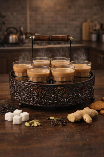 Chai Glass Set of 6 with  black Metal Stand